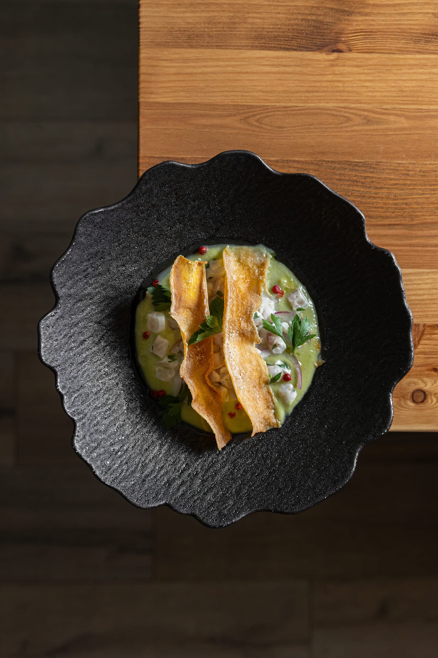 Seabream ceviche with sweet potato crisps