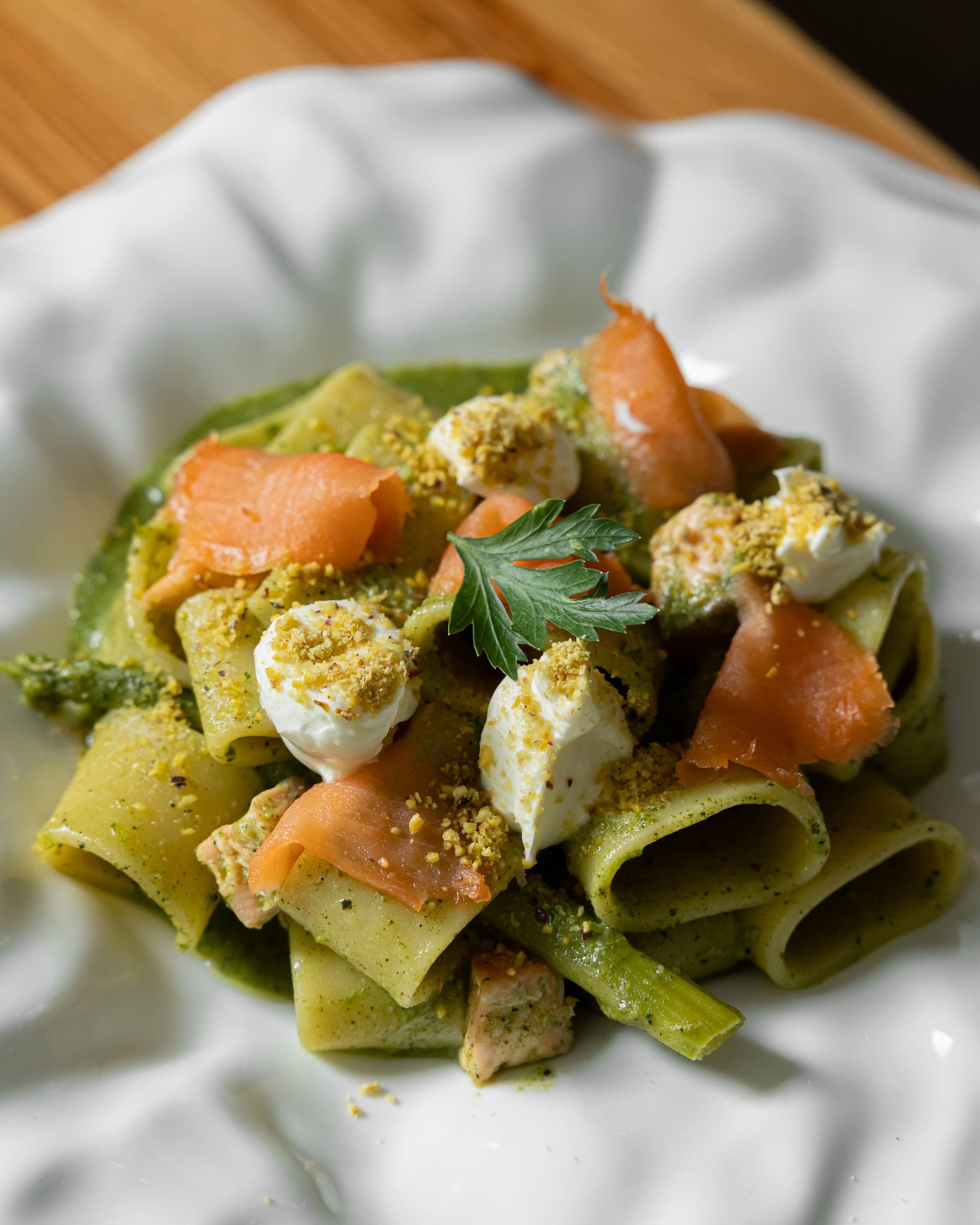 Paccheri with pistachio pesto and smoked salmon